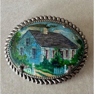 Antique signed W.B. 1872 hand painted house landscape oval porcelain pin brooch